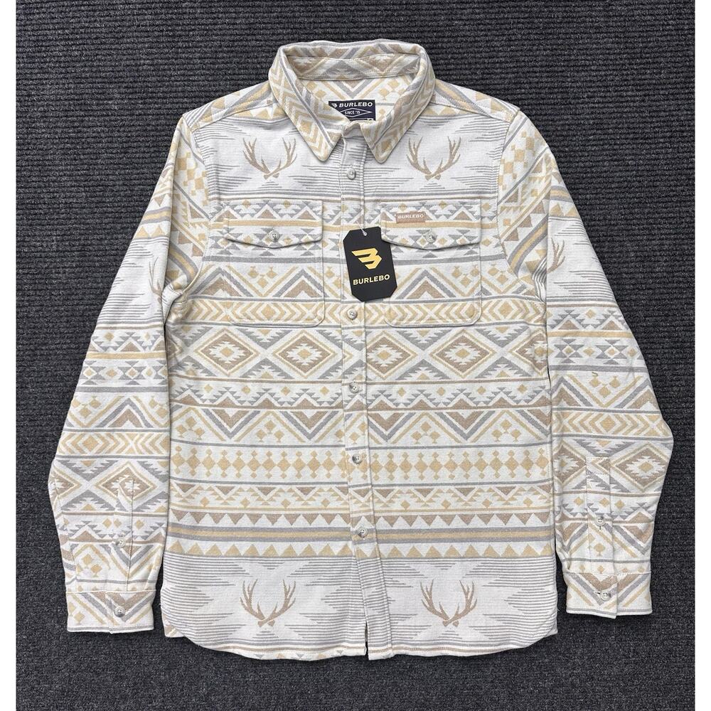 NEW Burlebo Vintage Heavyweight Flannel Whitetail Aztec Cream Size Small